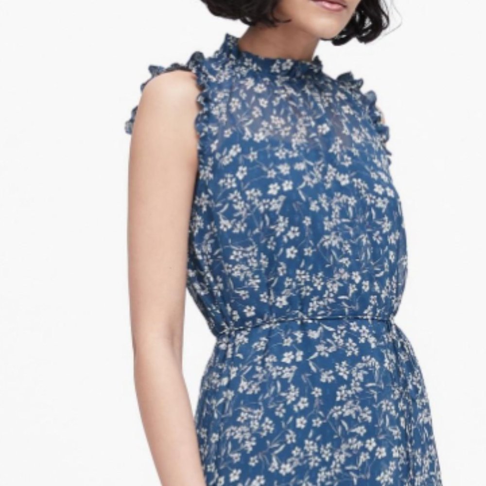 Women's Blue Petite Floral Ruffled Dress